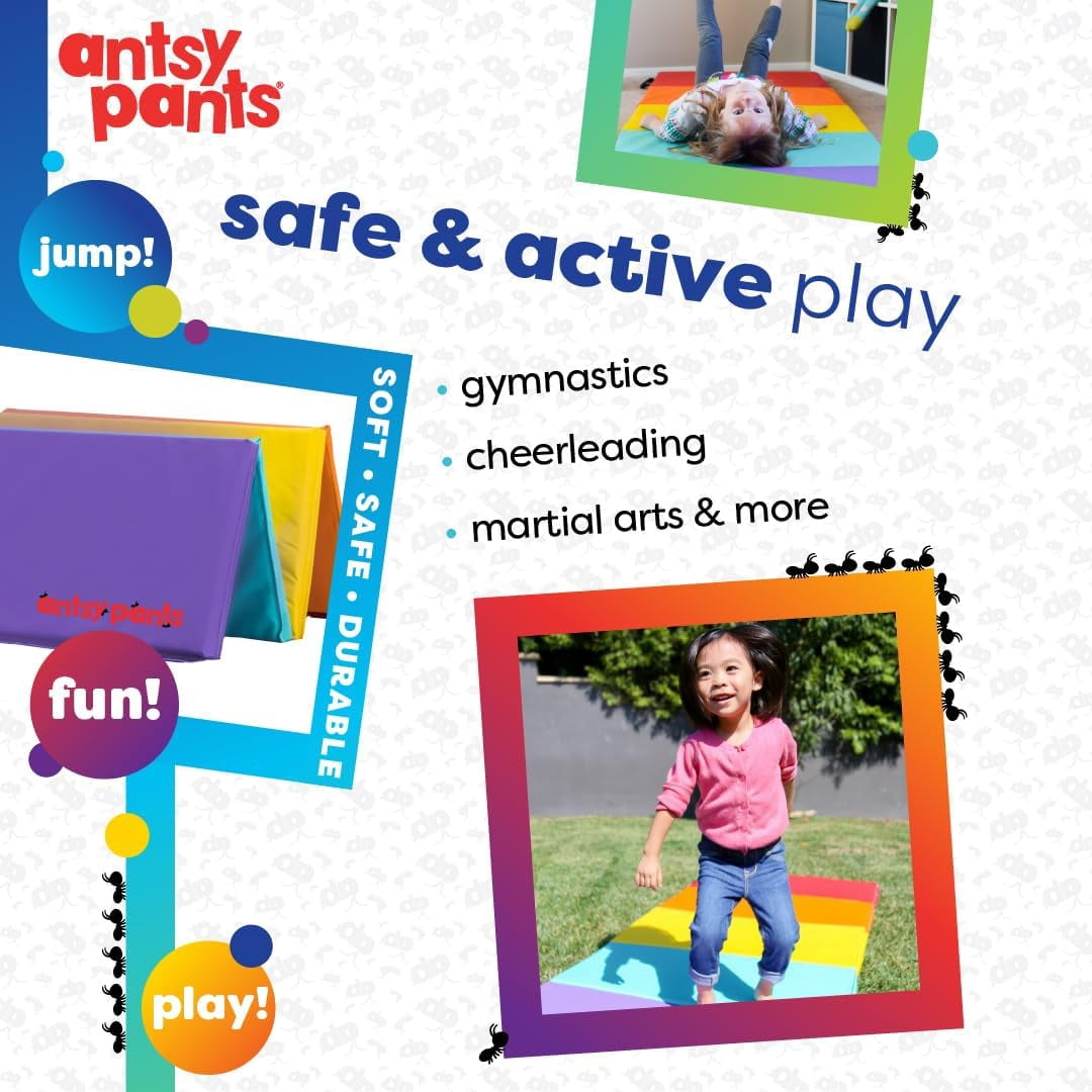 Antsy Pants Tumbling Mat – Gymnastics Mat, Easy to Clean, Sturdy, Foldable Tumbling Mat for Kids, Padded, Portable, Carrying Handle, Gymnastics Equipment for Activity Play, Original Colors