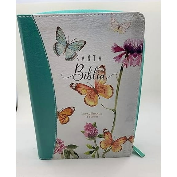 Biblia con Cierre Compacta Letra 11 puntos RV1960 imit blanco y turquesa con mariposas con ?ndice - canto pintado