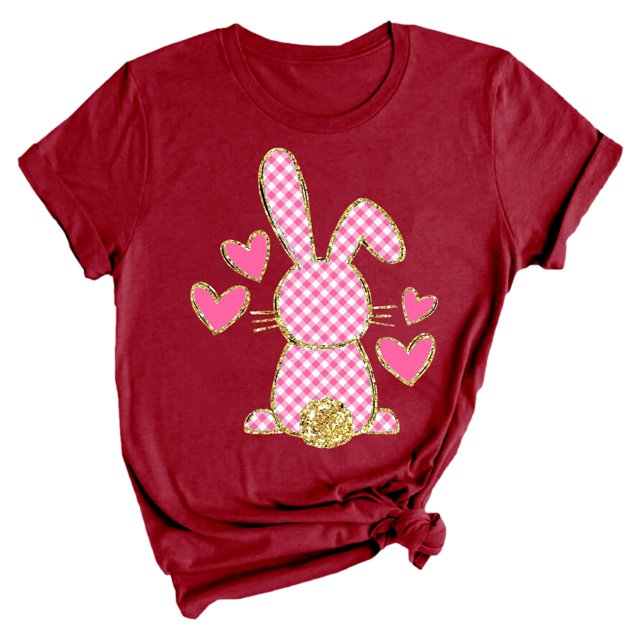 Outfmvch Chemises de Pâques pour Femmes, Chandails en Molleton à Col Rond pour Femmes, Chemises à Manches Courtes pour Femmes, Hauts de Sortie pour Femmes, Imprimé Floral de Pâques Lapin Col Rond Manches Courtes, T-Shirts Graphiques pour Femmes Rouge 1 m