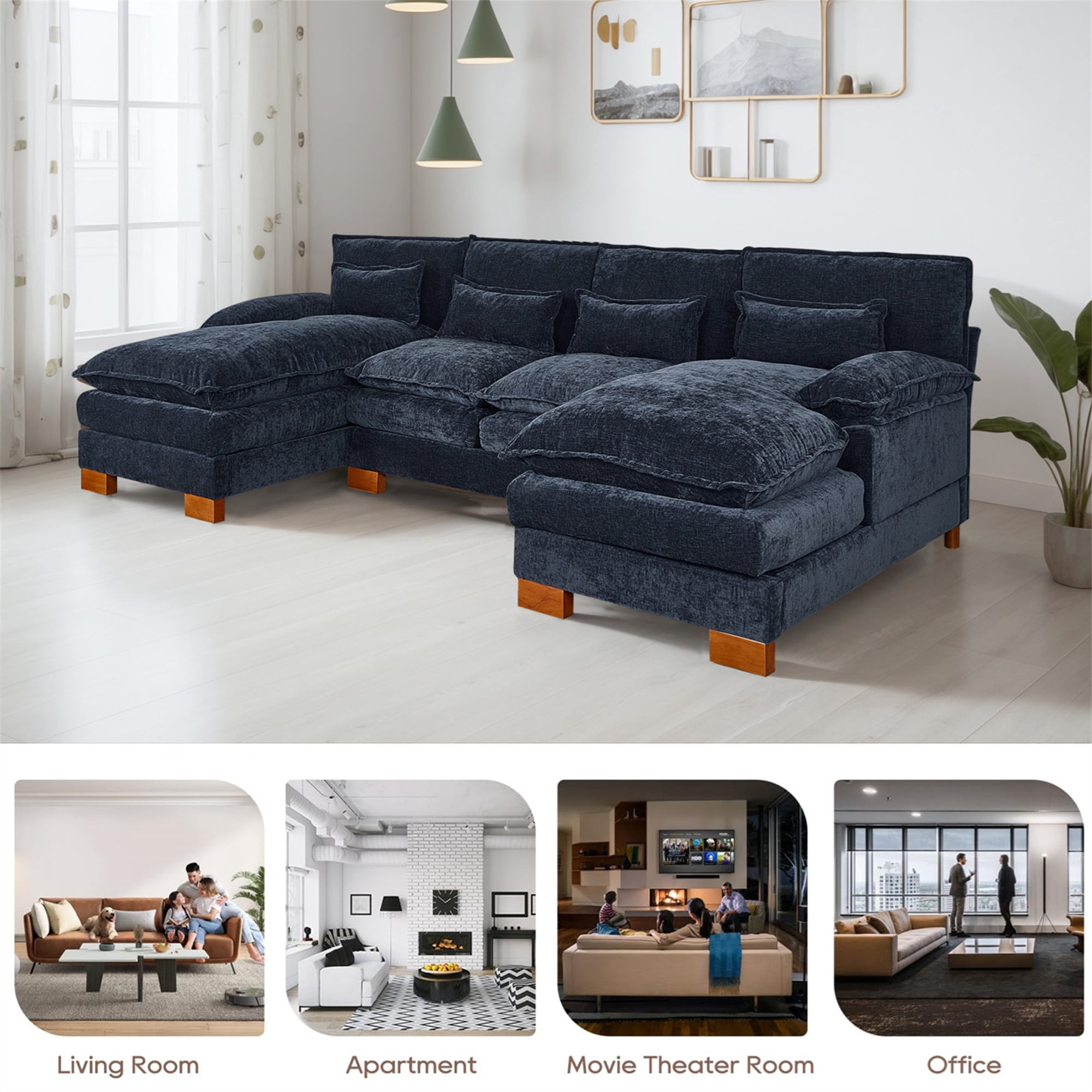 Aukfa 113" Sectional Sofa Couch with 4 Lumbar Pillows&Dual Layer Cushions, Chenille, Blue