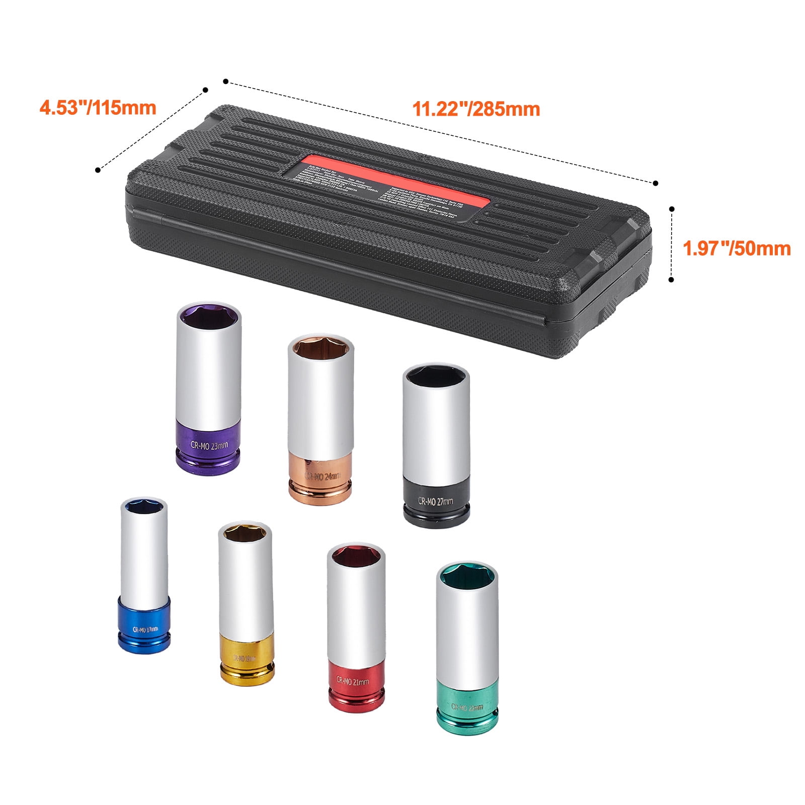 KFFKFF Impact Socket Set for Lug Nuts, 1/2 inch Drive, 6-Point Deep Socket Design, Incorporates 7 Lug Nut Sizes: 17/19/21/22/23/24/27mm, Crafted from CR-MO Steel, Comes with Organizing Case