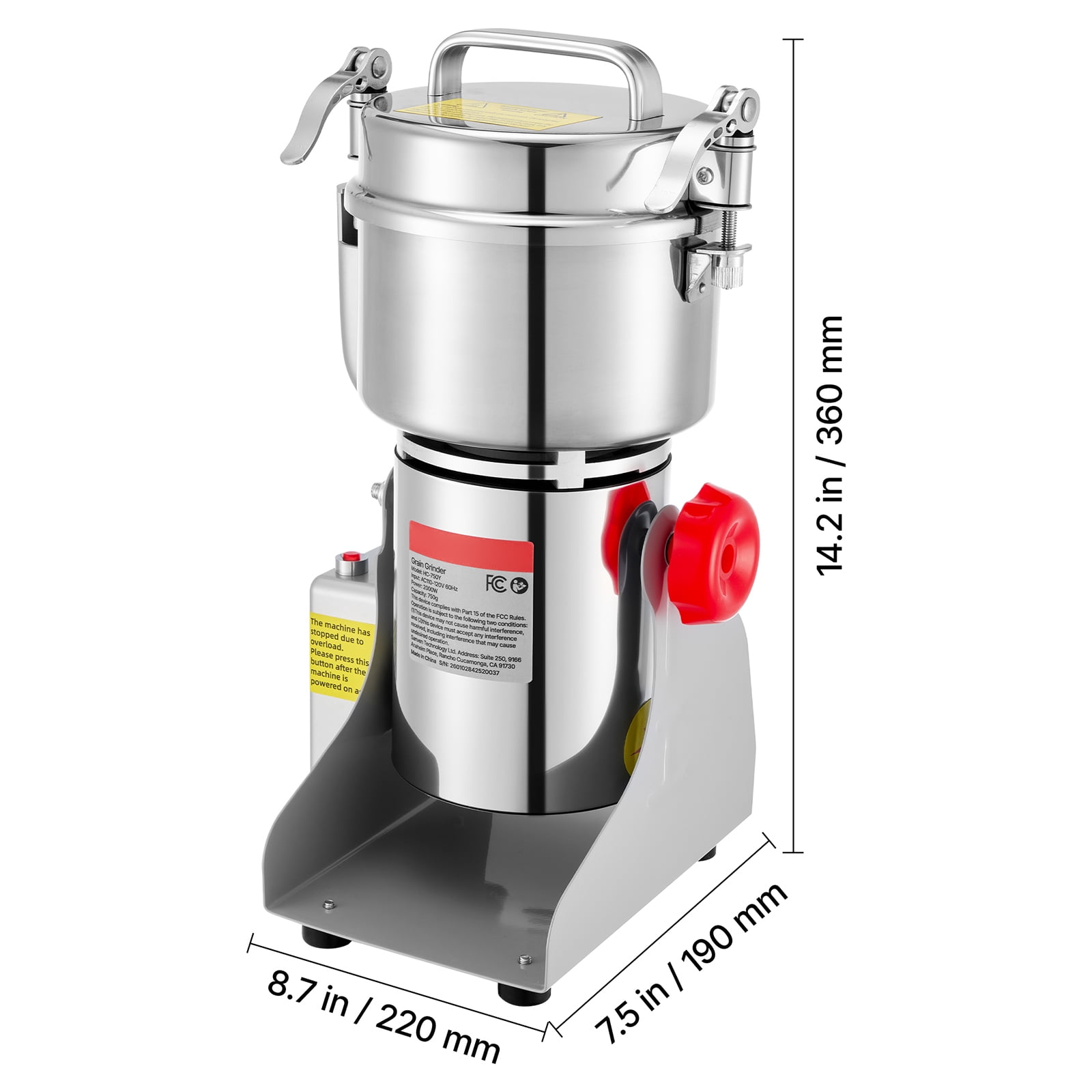KFFKFF 750g Electric Grain Mill Grinder, 2000W 28000RPM High-Speed Machine for Grinding Dry Grains, Coffee Beans, Spices, and Nuts, Stainless Steel Pulverizer with 270° Swing Design