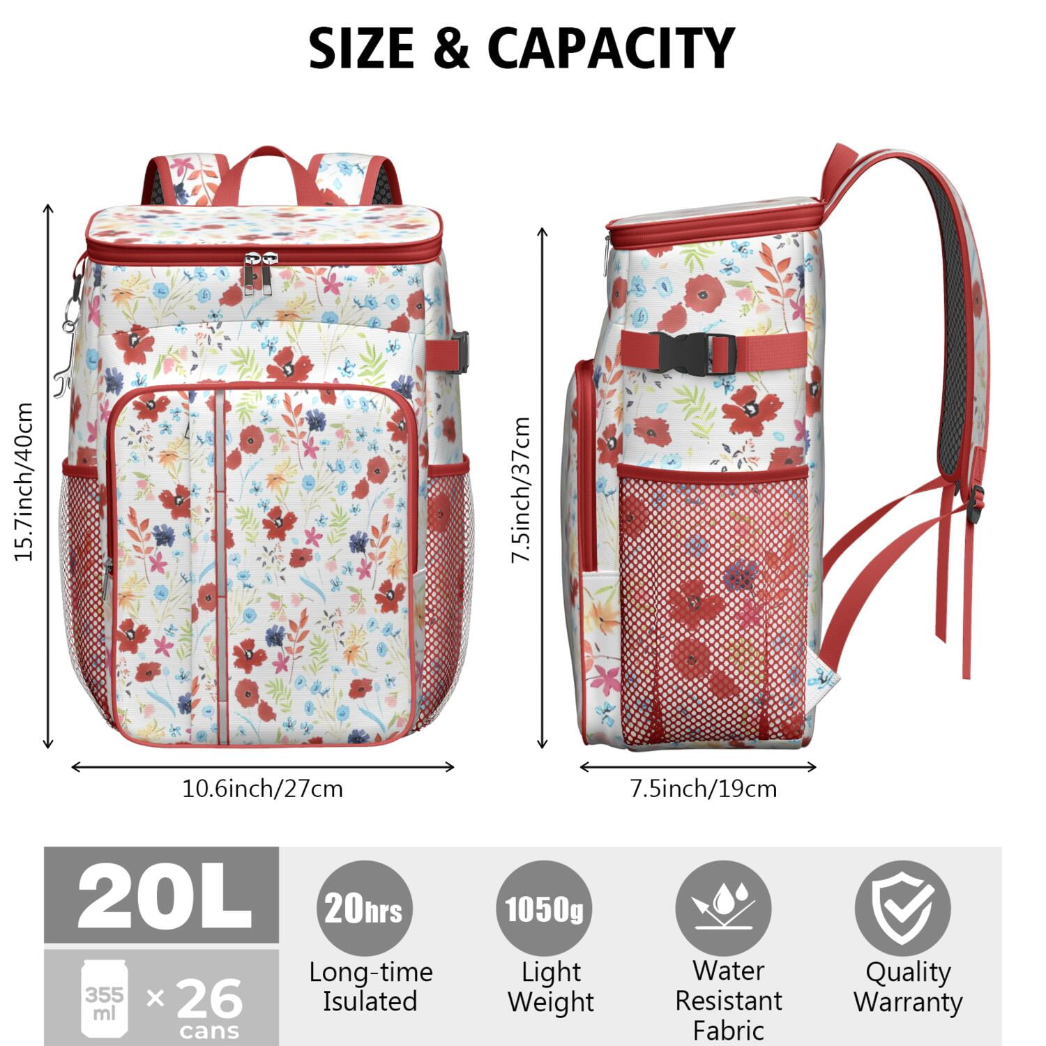 Travel Cooler Bag - Pioneer Flower Floral Print Pattern Camping Beer Cooler Backpack with Bottle Opener- Waterproof Insulated Picnic Backpacks - Cooler Bag for Beach
