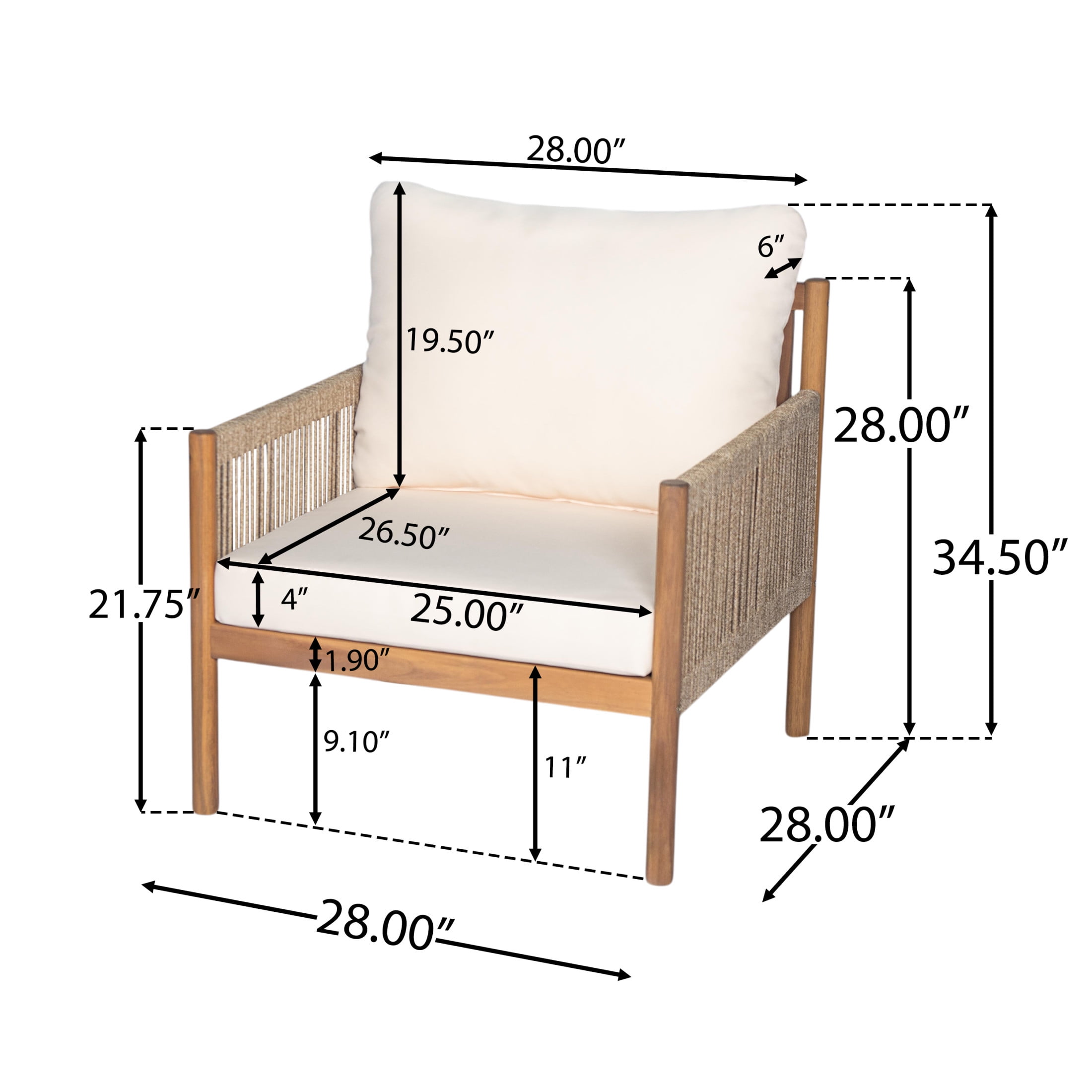Christopher Knight Home Boho Outdoor Lounge Chair, Rope Accent, Solid Wood Frame, Beige Cushion