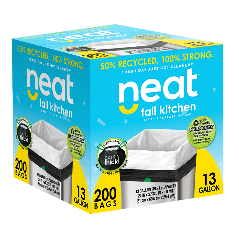 neat 13 Gallon Drawstring Trash Bags - (Mega 200 Count) - Triple Ply  Fortified, Eco-Friendly 50% Recycled Material, Neutralize+ Odor Technology,  Reversible Black and White Garbage Bags 