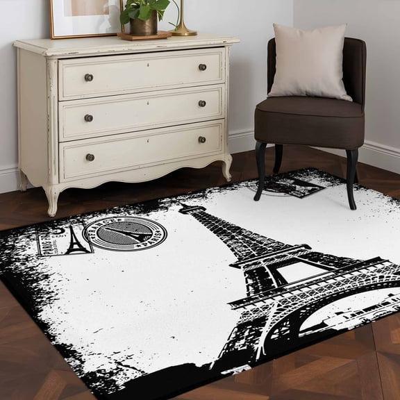 3'x5' Area Rugs, Vintage Paris Indoor Outdoor Area Rug for Living Room Bedroom, Chic Shabby Retro Landscape Black White Washable Bathroom Rugs Kitchen Floor Carpet Mats Home Decor Aesthetic