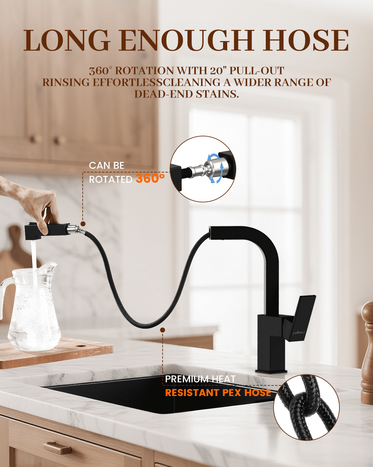APPASO Square Kitchen Faucet Black, S304 Stainless Steel Modern Sink Faucets with Pull Out Sprayer 2 Modes