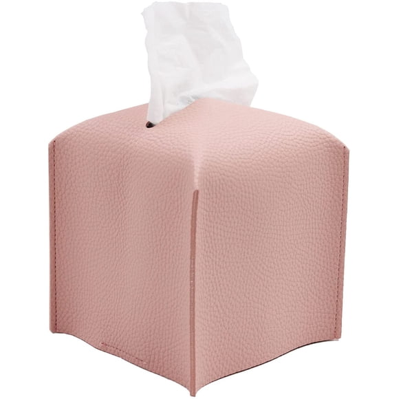 Livelab Tissue Box Cover Holder, Square Modern Decoration PU Leather Facial Tissues Case Roll Paper Dispenser for Bathroom Vanity Countertop, Night Stands, Office Desk Car 5X5X5'' | Pink
