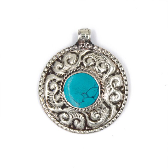Tibetan Silver Handmade Turquoise Pendant Necklace for Women  Round Boho Jewelry with December Birthstone