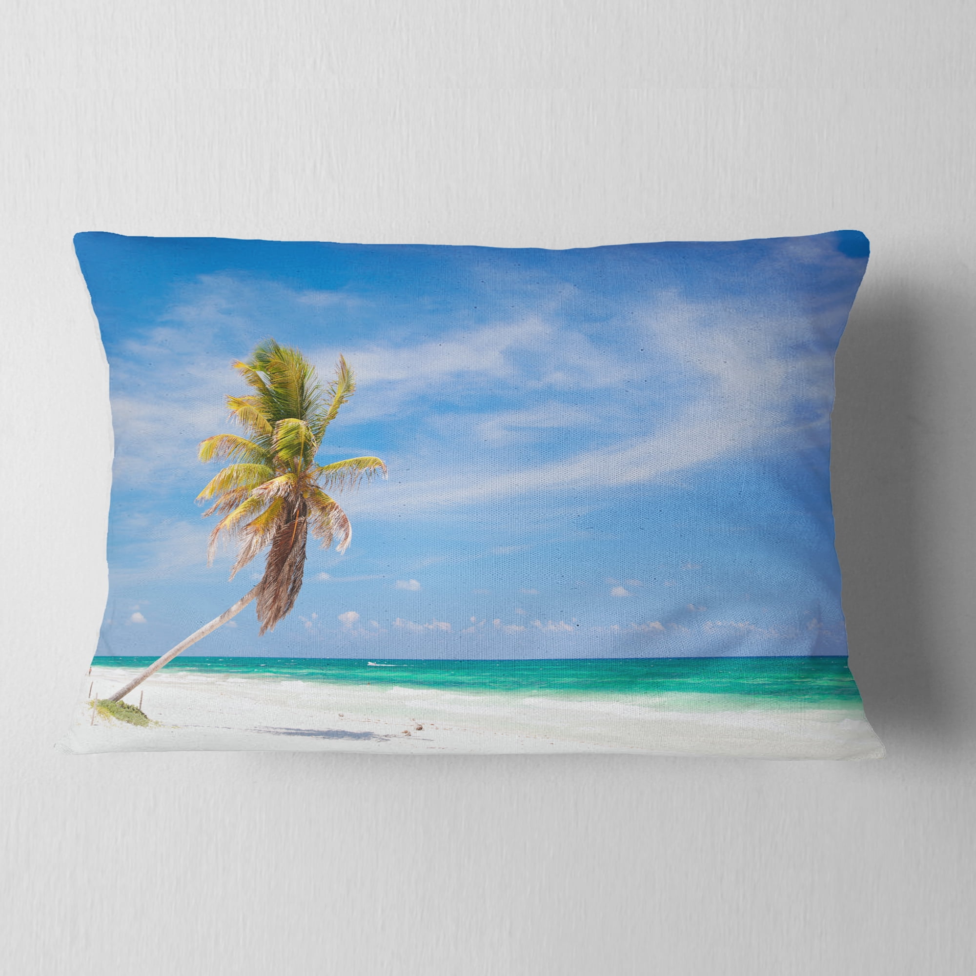 Designart Solitary Coconut Palm at Beach - Seashore Photo Throw Pillow - 12x20