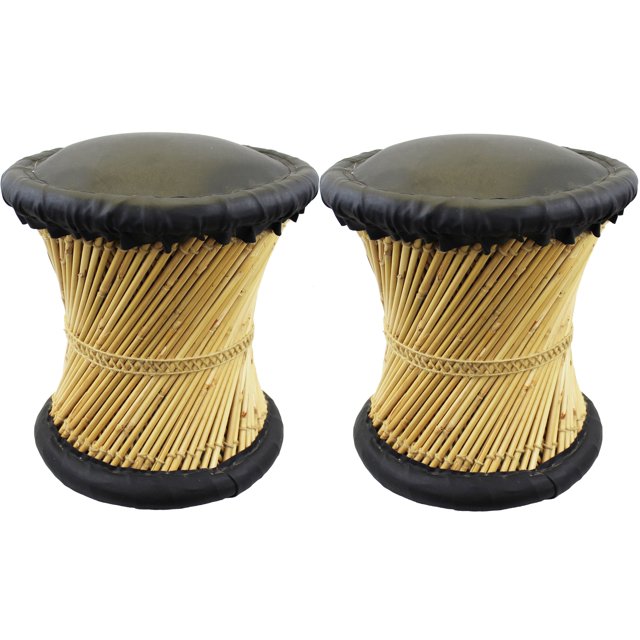 Natural Geo Moray Accent Stool (Set of 2) - Faux Leather Black