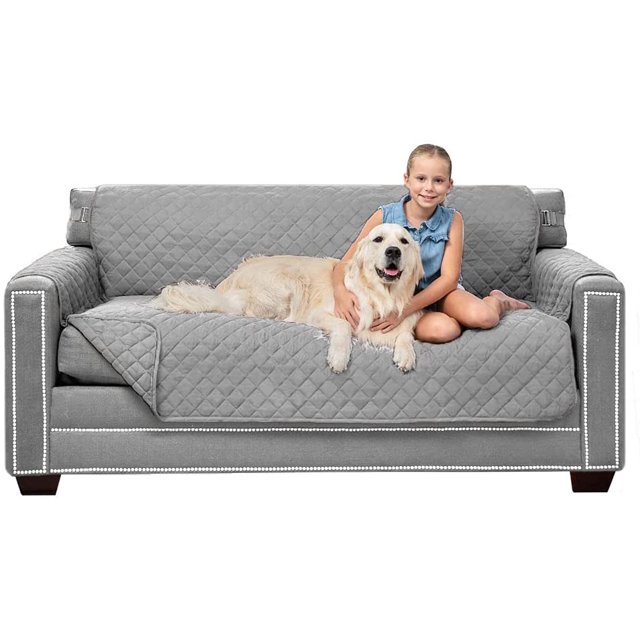 Original Patent Pending Reversible Small Sofa Protector, Many Colors, Seat Width to 62 Inch, Furniture Slipcover, 2 Inch Strap, Couch Slip Cover Throw for Pets, Dogs, Kids, Light Gray