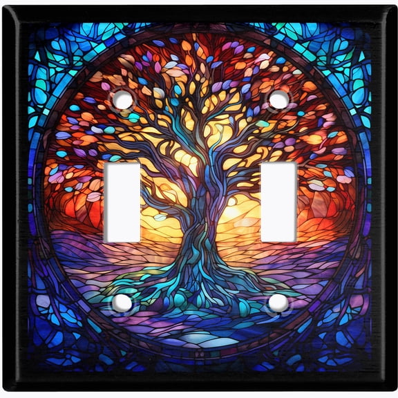 Metal Light Switch Wall Plate Outlet Cover (Stained Glass Sunset with Tree - Double Toggle)