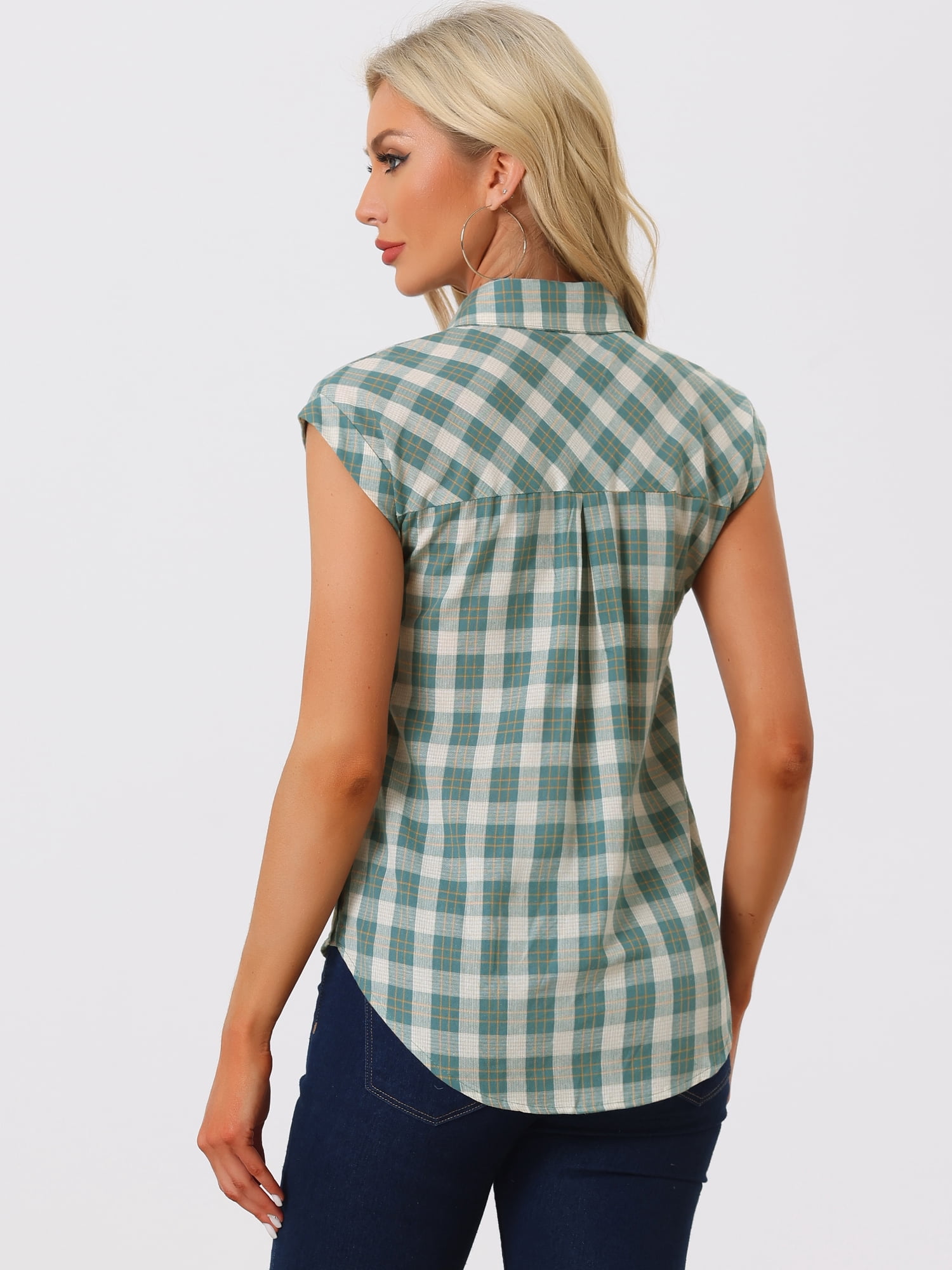 DARING DIVA Women's Summer Plaid Short Sleeves Button Down Shirts XL Green White