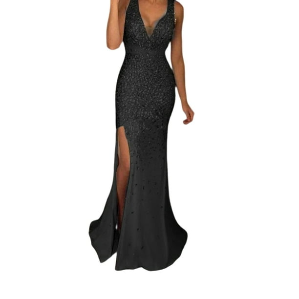 Qarigey Vestido de noche Traje de fiesta Ropa festiva Cuello en V Hendidura Sirena Mano de obra fina Hermosos vestidos de baile Negro XXXL Type2 NO2