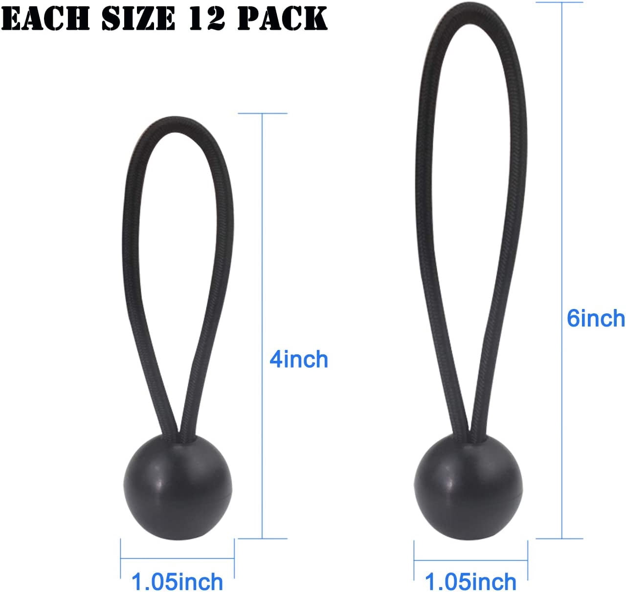 MKEUDQ-24pcs Heavy Duty Ball Bungee Cords 4 inch and 6 inch, Canopy Tarp Tie Down Cord Black