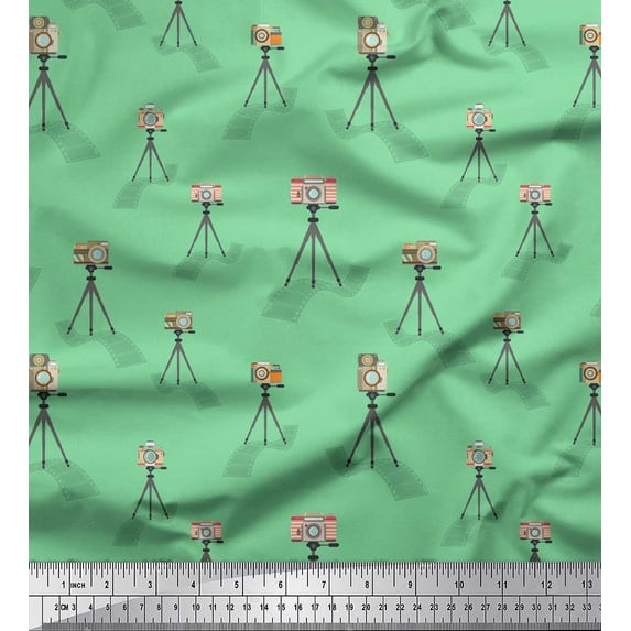 Soimoi Green Silk Fabric Stand & Camera Fashion Print Fabric by the Yard 42 Inch Wide