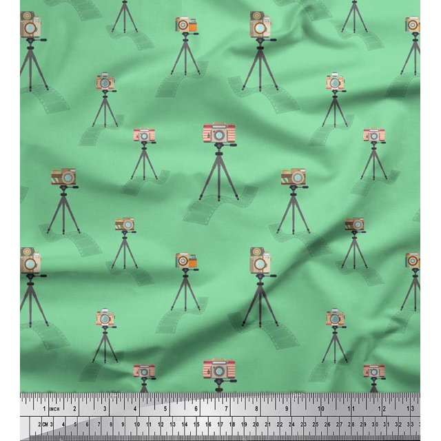 Soimoi Green Modal Satin Fabric Stand & Camera Fashion Fabric Prints By Yard 42 Inch Wide