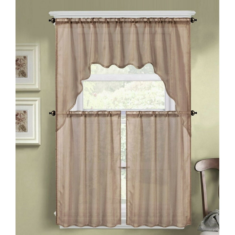 TAUPE 3PC K66 Luxurious Sheer Organza Kitchen Rod Pocket Window
