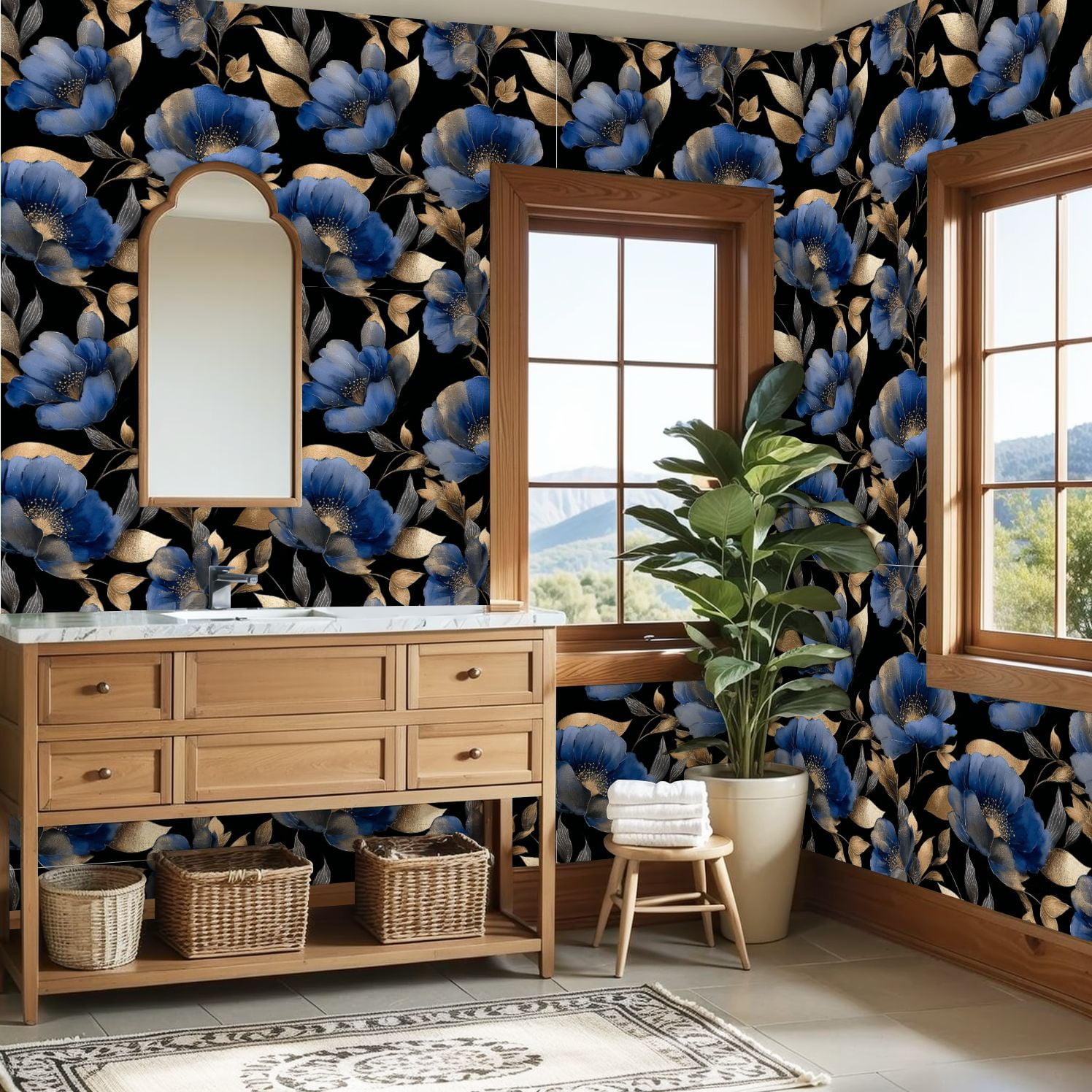 Peel and Stick Wallpaper 23.6in x 9.8ft Elegant Blue Gold Floral Black Contact Paper Vinyl Self-Adhesive Removable Wall Paper for Bedroom DIY Home Decor Renter Friendly