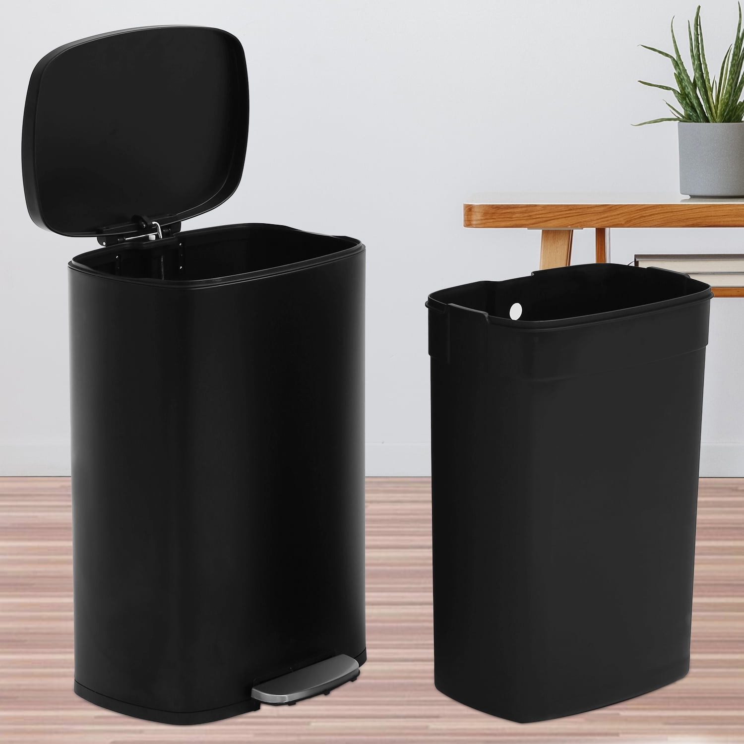 13 Gallon / 50 L Kitchen Trash Can with Lid Step Trash Bin Fingerprint-Proof Garbage Bin Brushed Stainless Steel for Office Bedroom Bathroom, Black