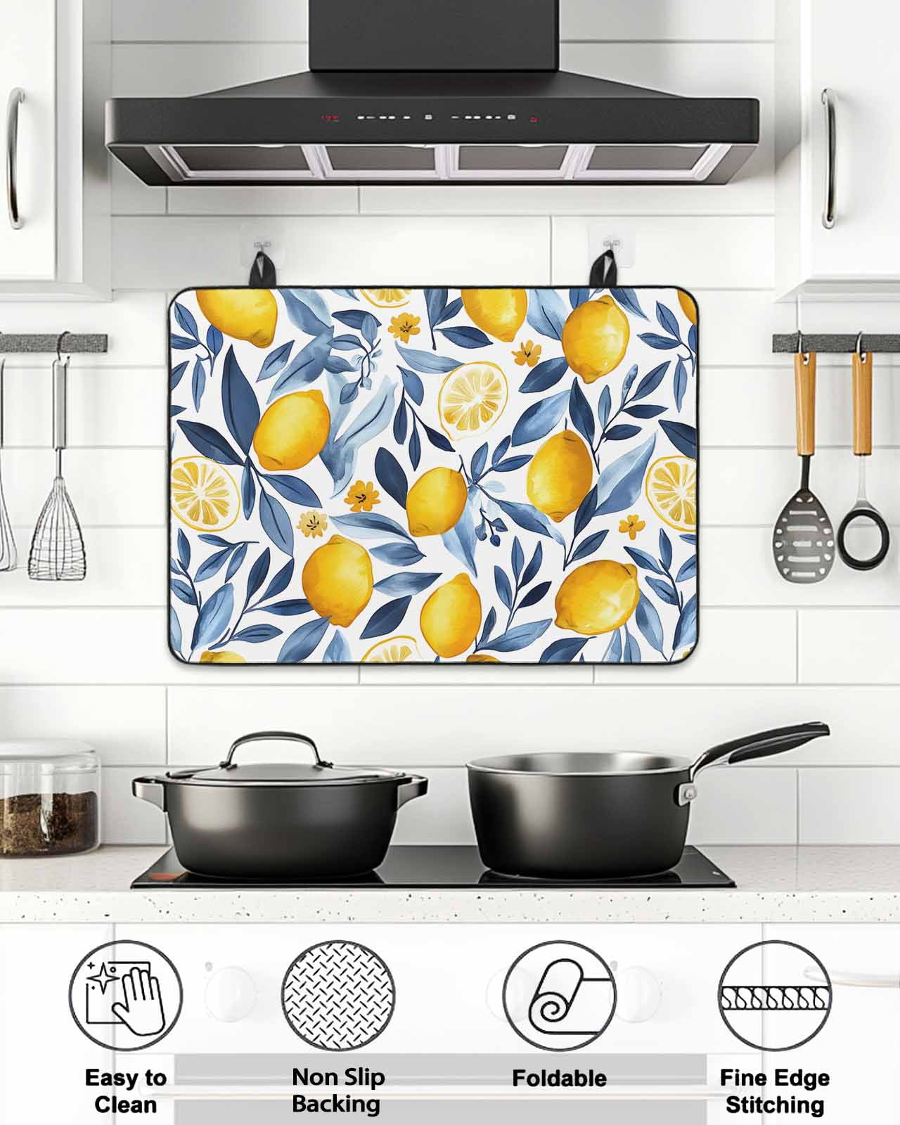 Stove Top Covers for Electric Stove, Yellow Lemon Glass Stovetop Cover Protector, Blue Flower Leaves Spring Summer Plant Induction Cooktop Protector Oven Mat for Kitchen Countertop 24"x21"
