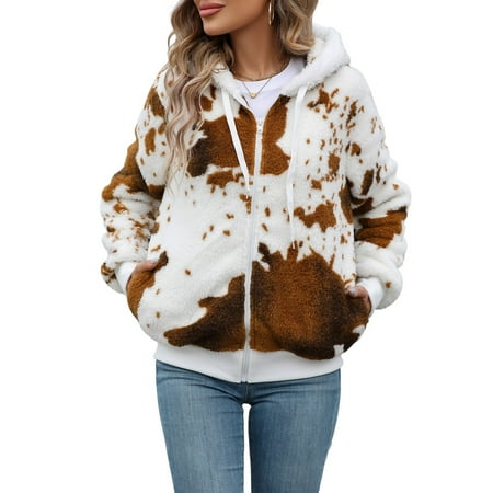SWSMCLT Women s Hooded Jacket Casual Fleece Coat Chic Outerwear Billowy Zip Up Drawstring Fall Long Sleeve Date Elastic Cuffs Brown Small
