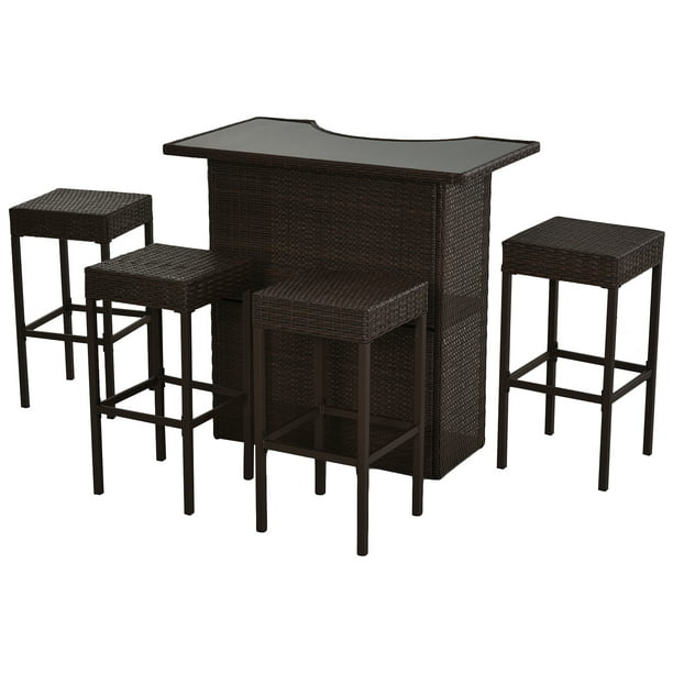 Outsunny 5 Piece Outdoor Patio Wicker Bar Set Outside Rattan Table
