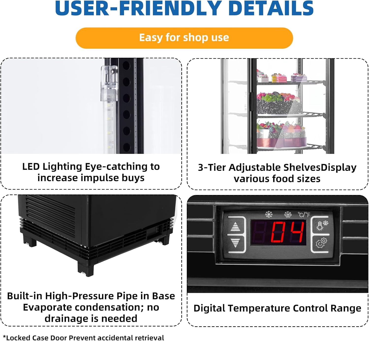 Homhougo Refrigerated Display Case, 3.5 Cu.Ft, Countertop Pastry Display Case Commercial Display Refrigerator with LED Lighting, Frost-Free Air-Cooling, Locked Door for Bakery