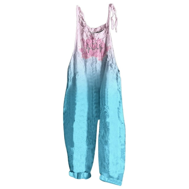 PMUYBHF Salopettes en Denim 4 Juillet pour Femmes Plus Femme Imprimé Saint-Valentin Rétro Décontracté Simple Combinaison à Bretelles