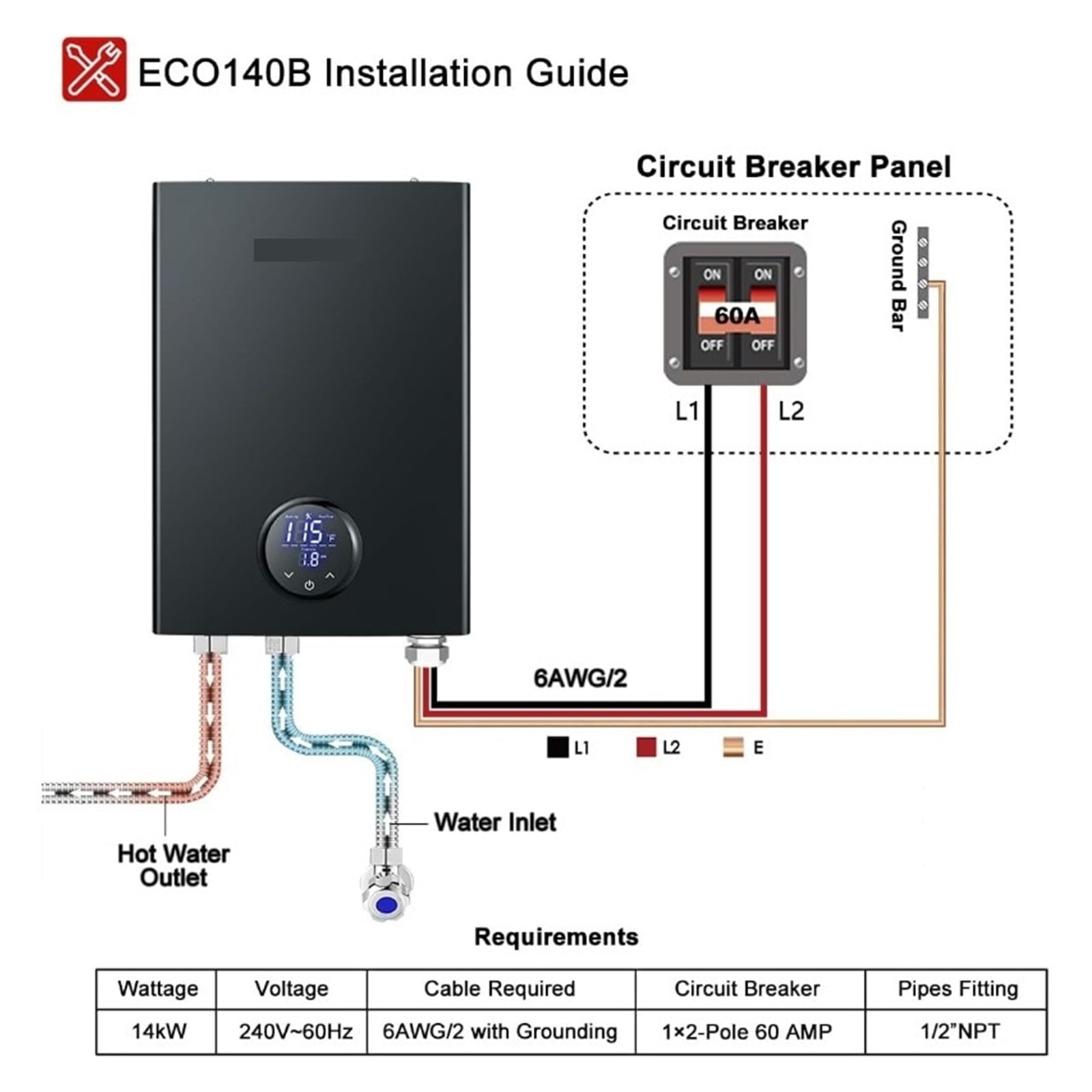 Electric Tankless Water Heater, Instant Hot Water Heater On Demand Point Of Use Hot Water Heater Self-Modulation Black ,Safety Protections
