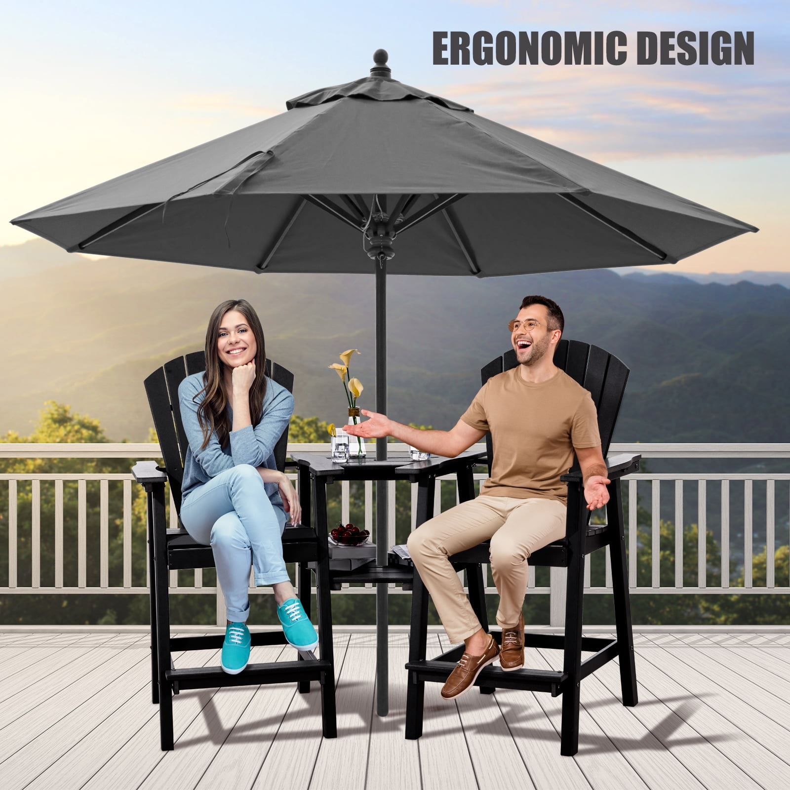 Tall Adirondack Chairs Set of 2，HDPE Outdoor Adirondack Barstools with Double Connecting Tray Patio Stools Weather Resistant for Outdoor Deck Lawn Pool Backyard,Black