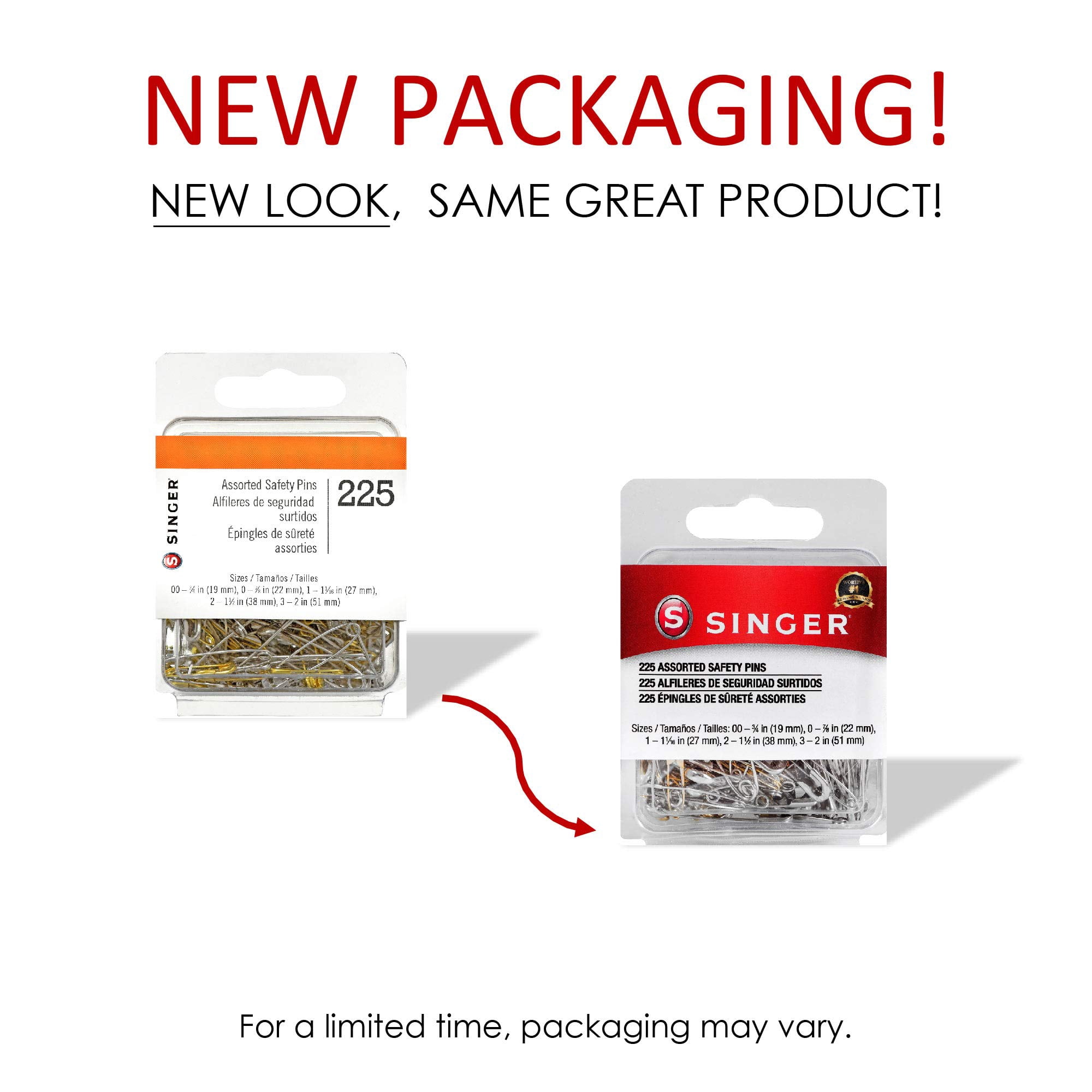 SINGER Assorted Safety Pins in a Resealable Container  225 Count (Pack of 18)