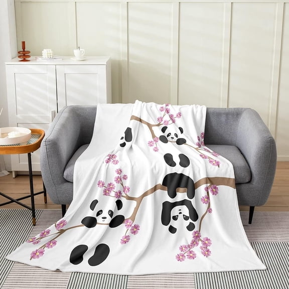 Cartoon Panda Throw Blanket for Kids Boys Girls Pink Cherry Blossom Fleece Blanket 40x50,Kawaii Hand Drawn Panda Flannel Blanket Lightweight Warm Black White Wild Animal Plush Blanket Sofa Bed Decor
