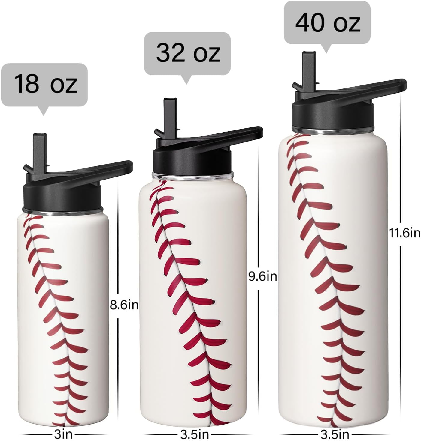 40oz Baseball Insulated Water Bottle - Double Wall Vacuum Stainless Steel Sports Drinkware, Gift for Baseball Players, Fans, Coaches - Men, Women, Boys, Girls