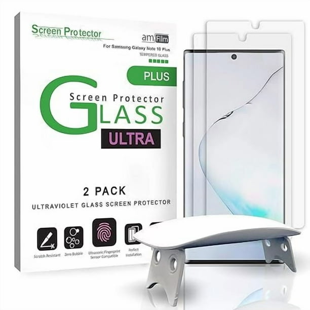 Amfilm Protector De Pantalla Ultra Glass Para Samsung Galaxy Note 10 Plus Aplicación De Gel Uv Compatible Con Escáner De Huellas Dactilares Ultrasonic Para Galaxy Note 10 Plus (2019) Vidrio Templado P
