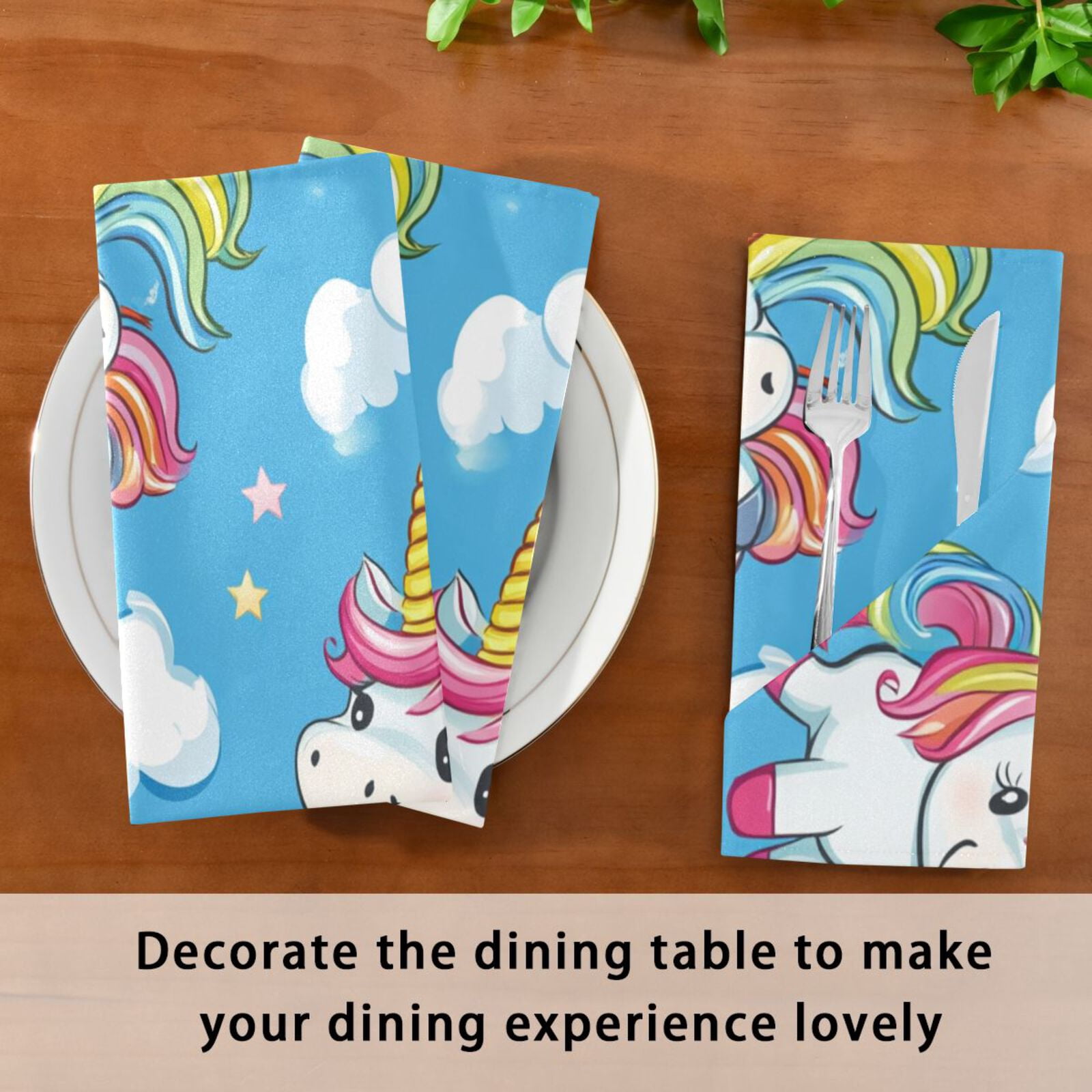 JSTEL Cute Rainbow Unicorns Cartoon Cloth Napkins Set of 6, 20x20 Inch Washable and Reusable Napkin for Decoupage Dinner Party Everyday Use