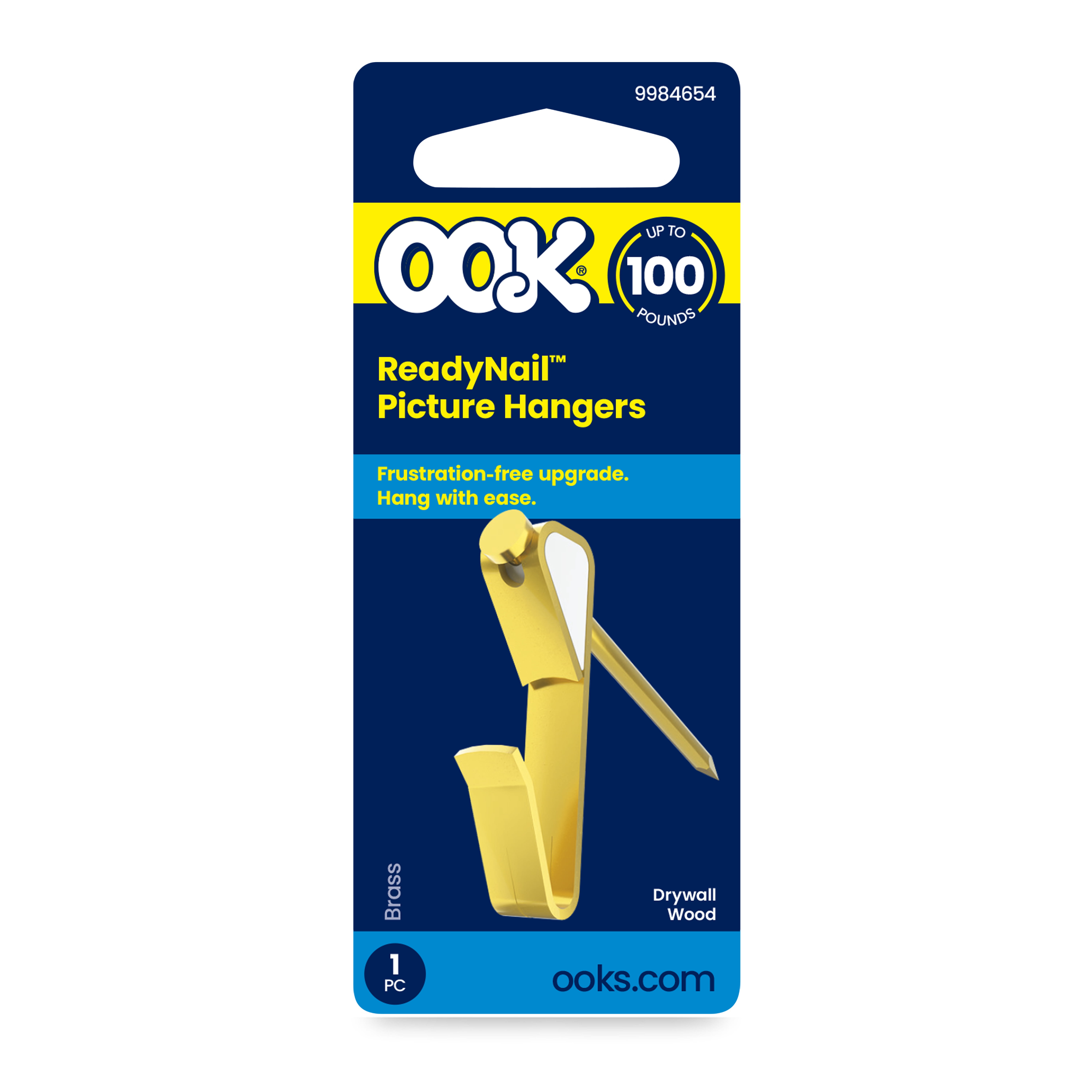 (4 pack) Ook Picture Hangers, ReadyNail, 100 lbs, for Drywall and Wood, Steel, Brass Finish, Gold, 1 pack