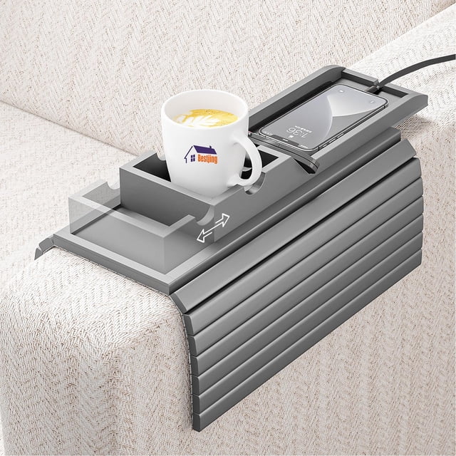 Bandeja reposabrazos para sofá Bestjing Bamboo con portavasos, color gris