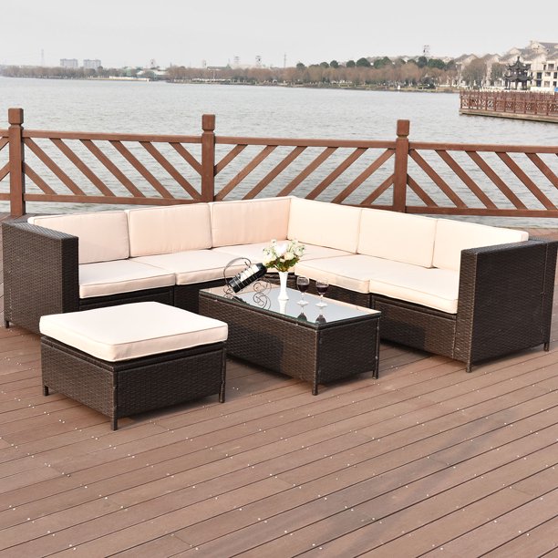 Costway 7 Pcs Outdoor Rattan Wicker Furniture Set Sectional Cushioned Seat Garden Patio Walmart Com Walmart Com