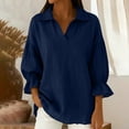 thumbnail image 2 of Lenpel Women's Cotton Linen Tops Ruffle 3/4 Sleeve V Neck Solid Color Collared Tunic Blouses Loose Casual Work Shirts(Navy,Medium), 2 of 6