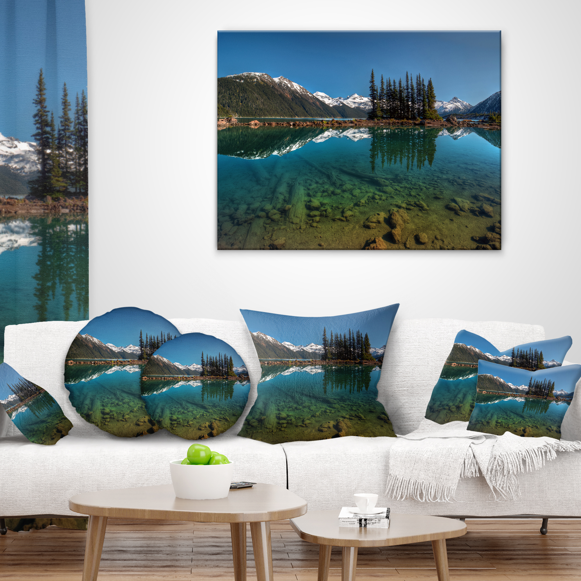 Designart Row of Pine Trees and Mountain Lake - Landscape Printed Throw Pillow - 16x16