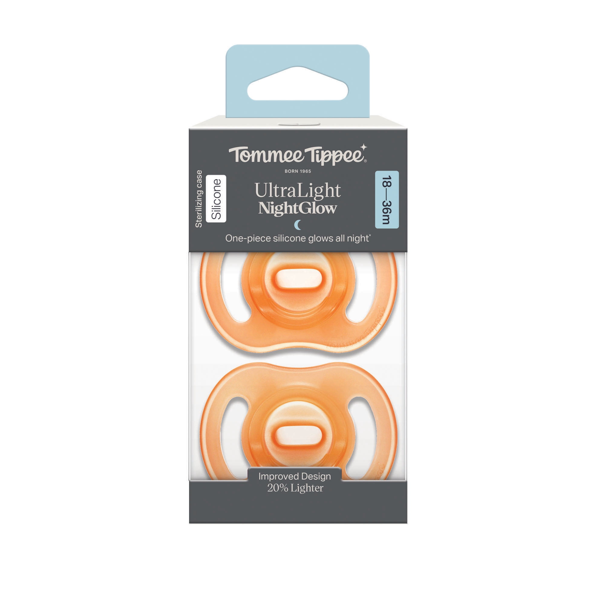 Tommee Tippee Ultra-light StayPut NightGlow Pacifier, 18-36 Months, 2 Pack, Soft Skin Feel, Extra Air Flow