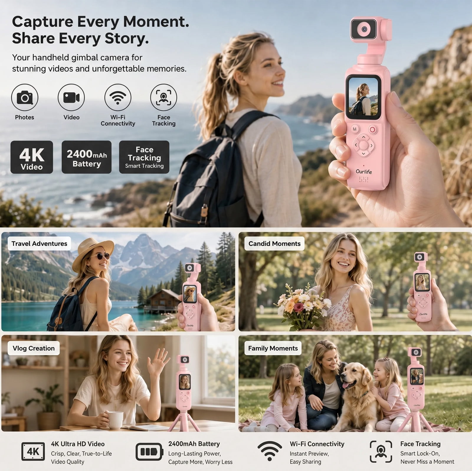 Ourlife 4K Vlogging Camera with 330° Rotation Gimbal, 1.72" Touch Screen, Face Tracking, 2400mAh Battery, 64GB Card, Pocket Digital Camera for Content Creators Pink