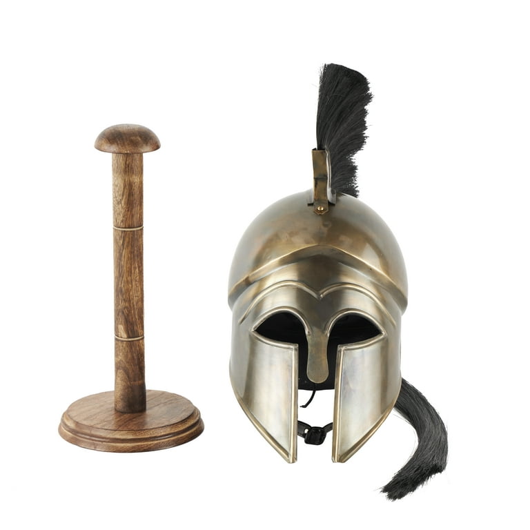21 inch Gold Metal Replica Medieval Greek Spartan Helmet with Black Wood Stand and Plume, by DecMode, Size: 21\