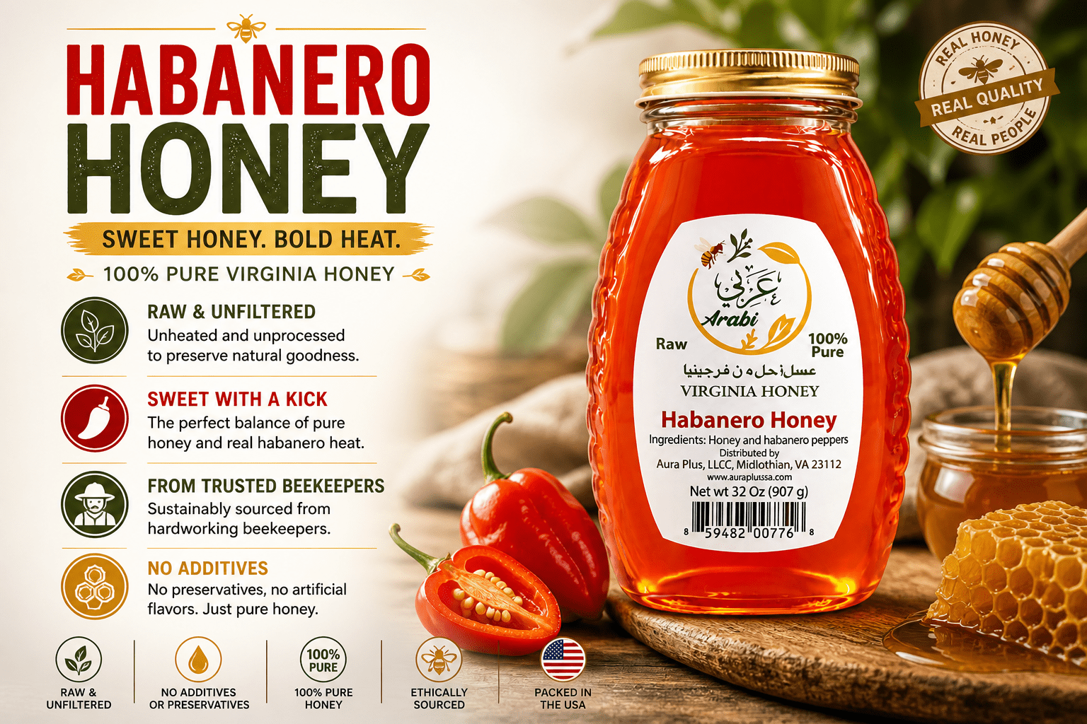 Arabi Raw Virginia Habanero Honey – 100% Pure Natural Honey with Habanero Peppers, 32 oz