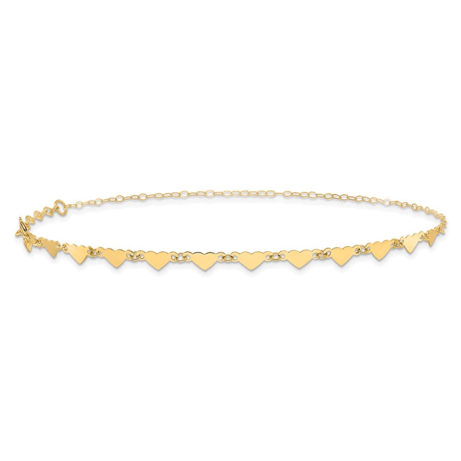 Primal Gold 14 Karat Yellow Gold Oval Link Chain with Hearts 9-inch Plus 1-inch Extension Anklet