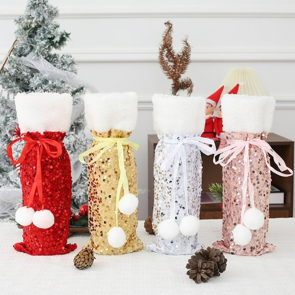AYktou 5×4 Inch Christmas Wine Bottle Cover, Cute Red Wine Bottle Bags with Binding Strap, Sequined Storage Bag Umbrella Toys Storage, Bottle Cover for Christmas Home Party Birthday Wedding Decor