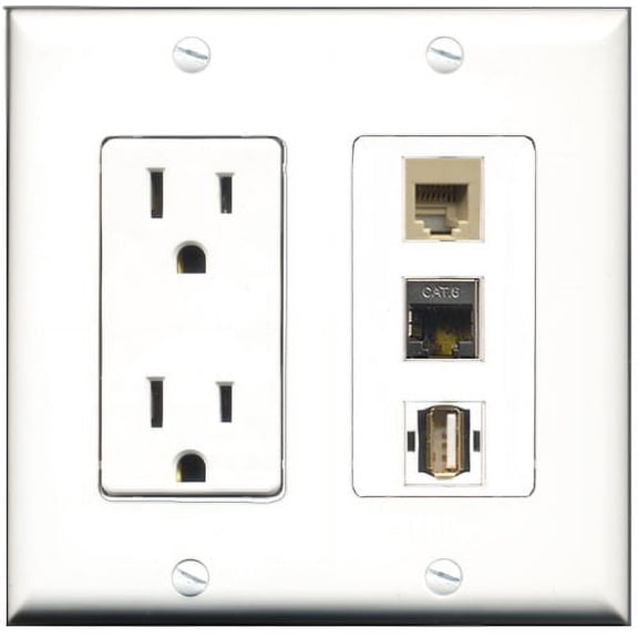 RiteAV - 15 Amp Power Outlet 1 Port USB A-A 1 Port Phone Beige 1 Port Shielded Cat6 Ethernet Ethernet Decorative Wall Plate