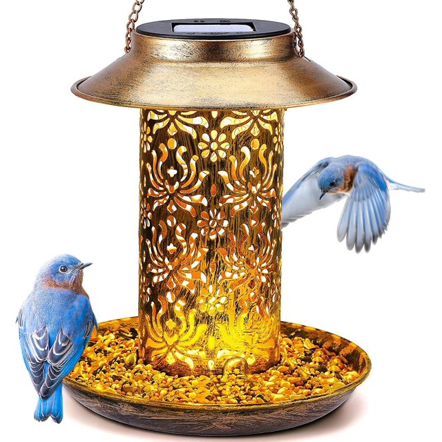 Comedero solar para pájaros, Comederos colgantes para pájaros salvajes, Luz de jardín con energía solar de cobre hueco para trabajo pesado al aire libre, Bandeja de semillas para pájaros. Afortunado Sencillez